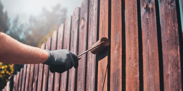 Diligent man is painting fence with brush